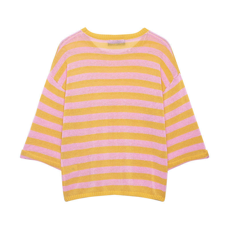 Women's Striped Oversized Knit Sweater with Wide Three-Quarter Sleeves and Round Neckline Fashion Glam
