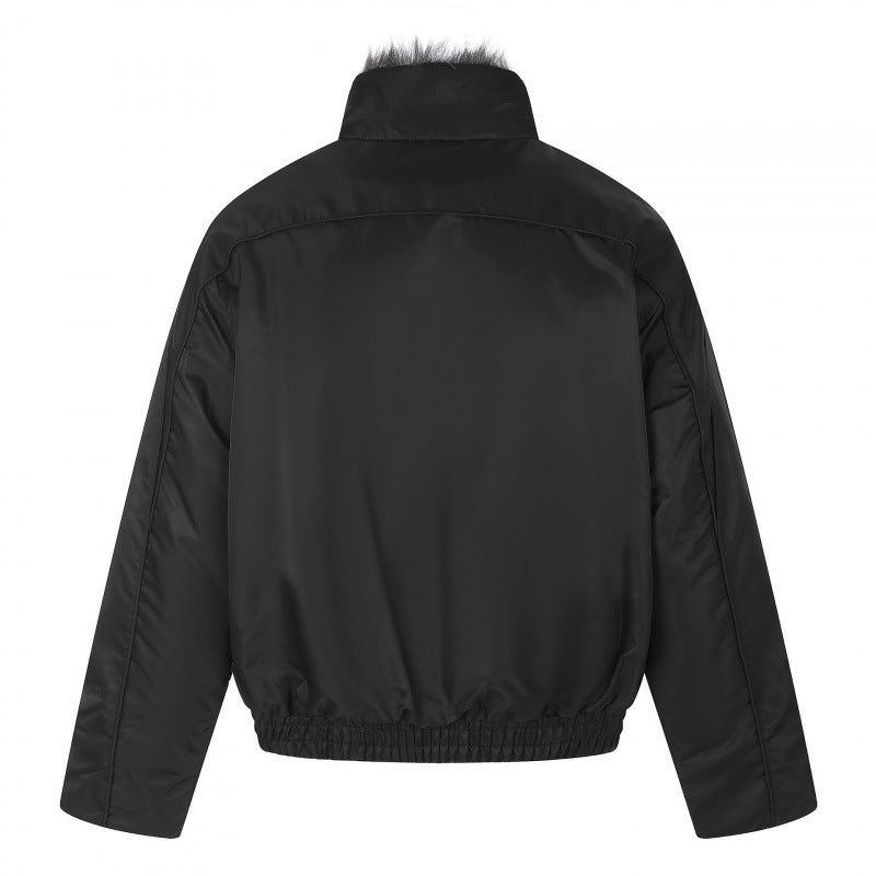 Men's short jacket in retro puffer style with high-closing faux fur collar and decorative wave quilting Fashion Glam