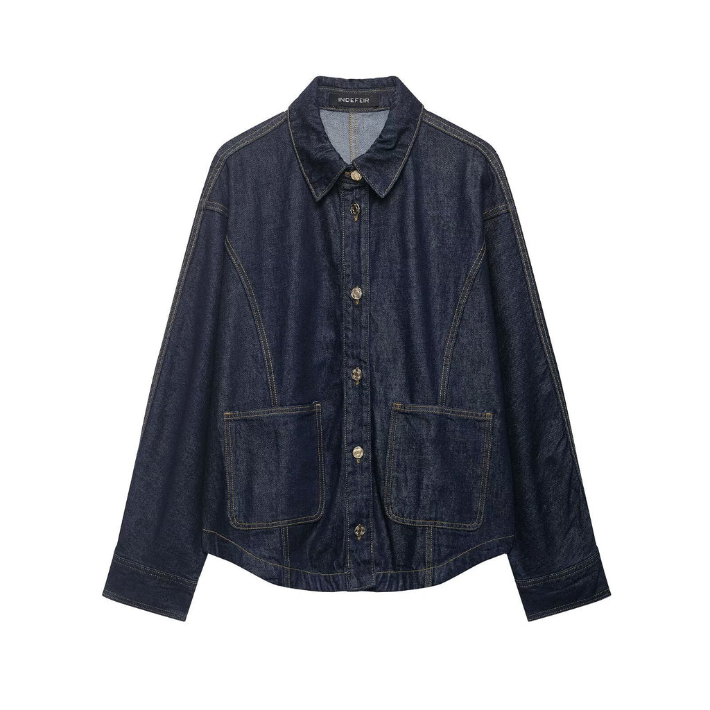 Women's Oversized Denim Jacket with Patch Pockets and Decorative Stitches Fashion Glam