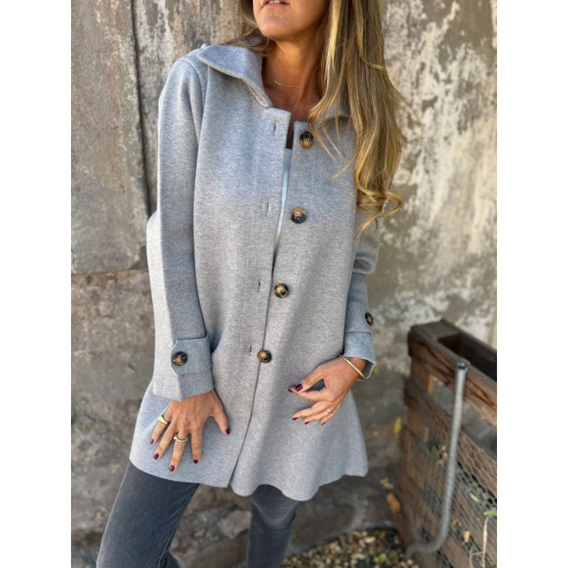 Women's lightweight flared knitted coat with button placket and stand-up collar Fashion Glam
