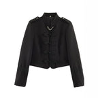 Women's Short Military-Style Blazer with Cord Decoration, Stand Collar and Decorative Frog Buttons Fashion Glam
