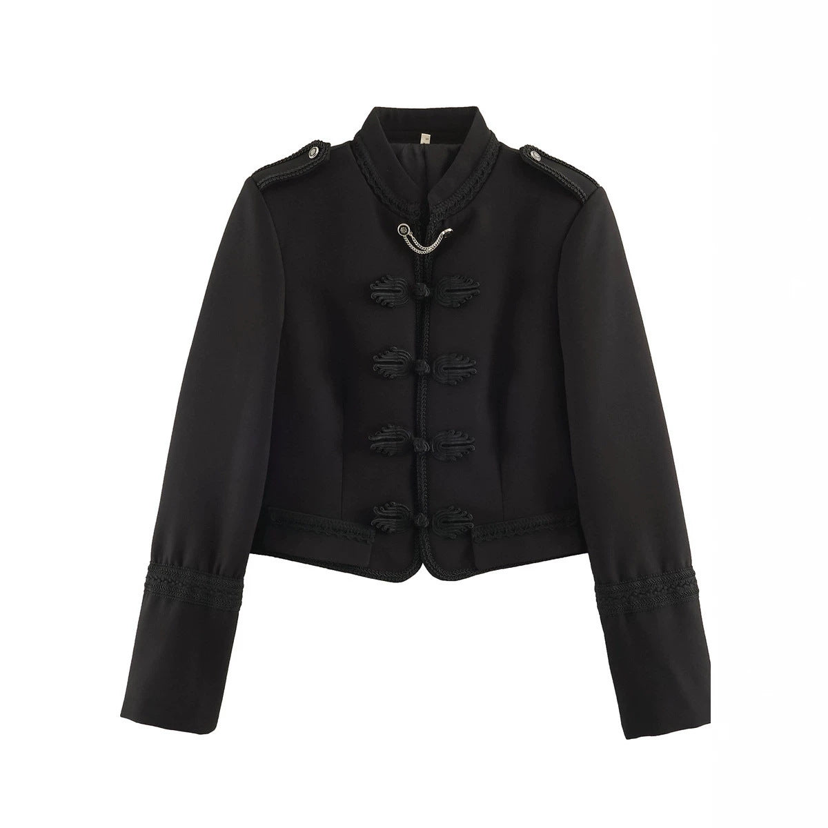 Women's Short Military-Style Blazer with Cord Decoration, Stand Collar and Decorative Frog Buttons Fashion Glam