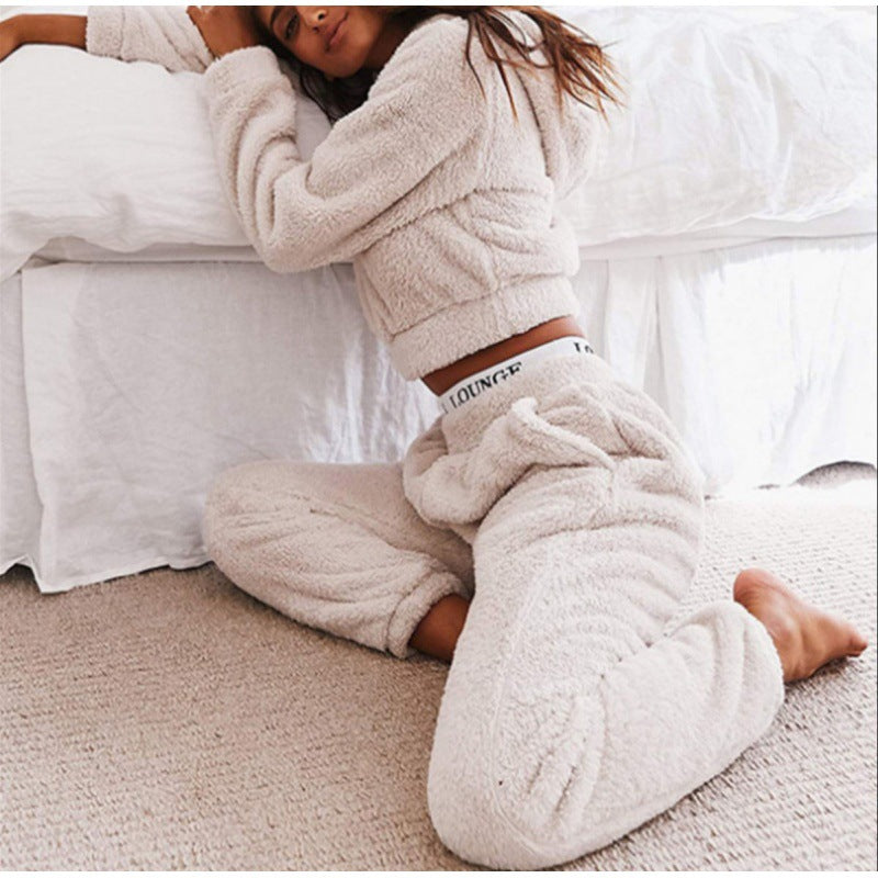 Women's Cozy Teddy Fleece Loungewear with Cropped Hoodie and High-Waist Joggers Fashion Glam