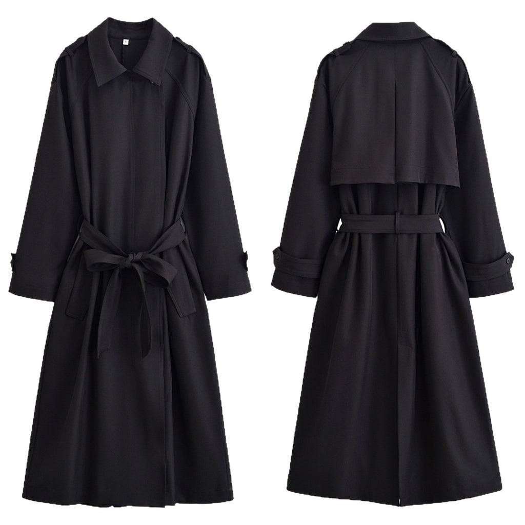 Ladies longer waist-adjustable trench coat with tie belt and epaulettes Fashion Glam