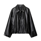 Women's short-cut oversized blouse jacket made of vegan leather with shirt collar and elastic hem Fashion Glam
