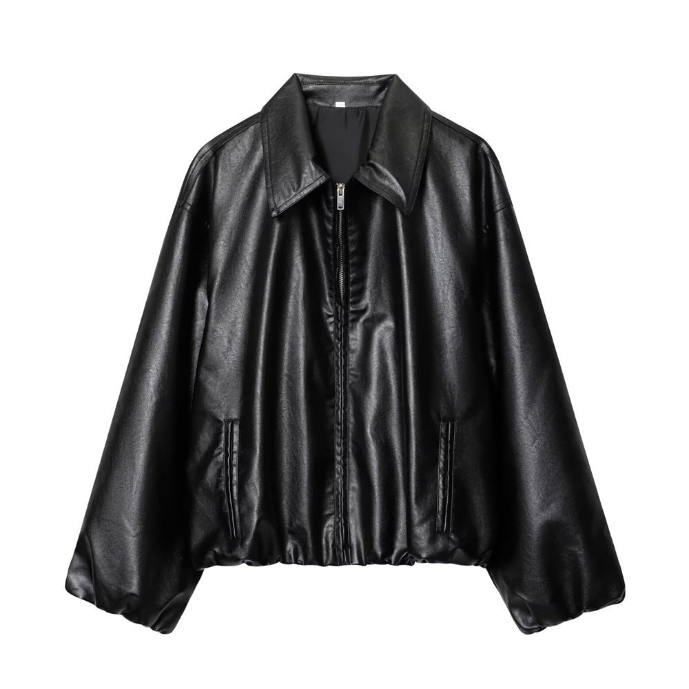 Women's short-cut oversized blouse jacket made of vegan leather with shirt collar and elastic hem Fashion Glam
