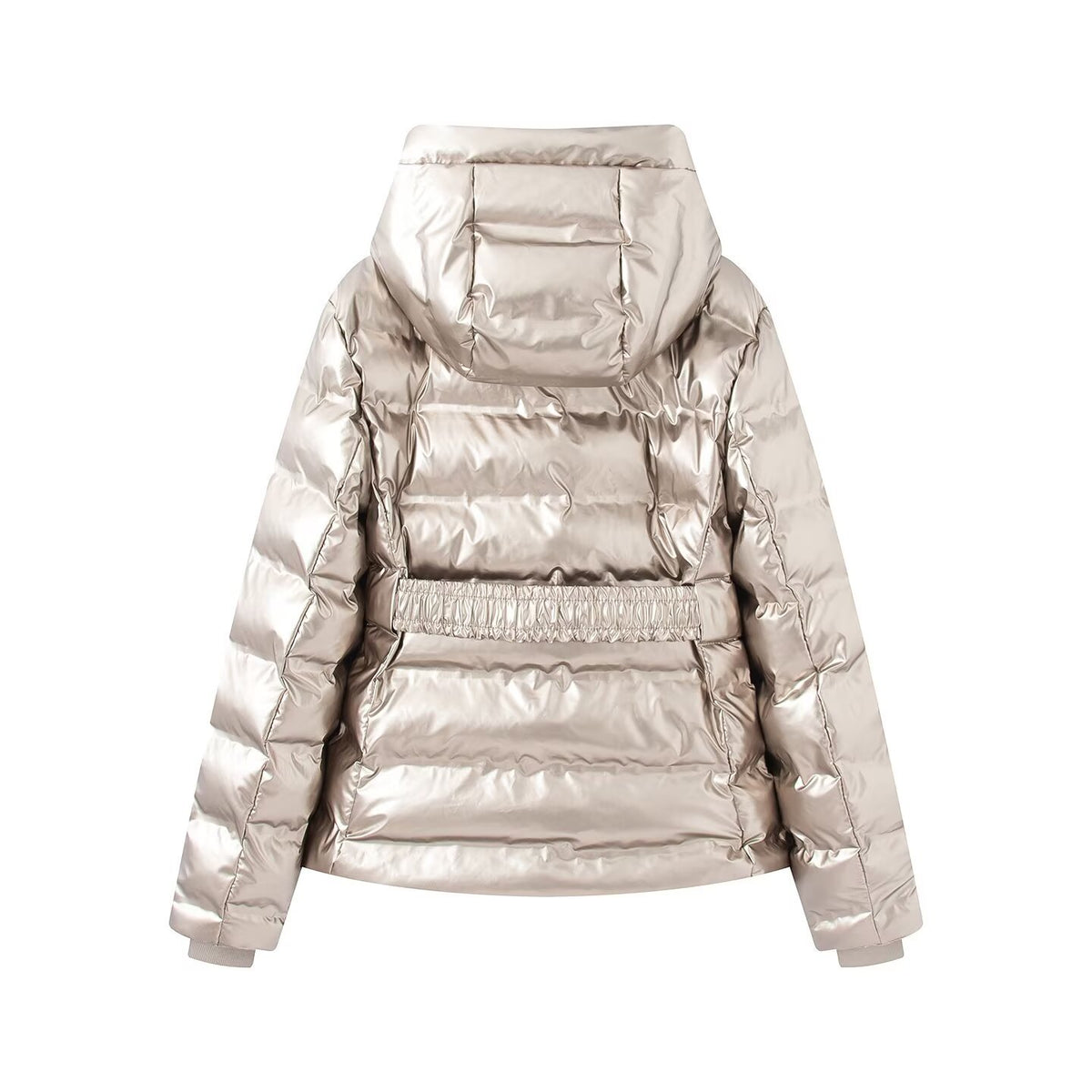 Women short cut quilted jacket with hood, fitted elastic waistband and decorative belt Fashion Glam