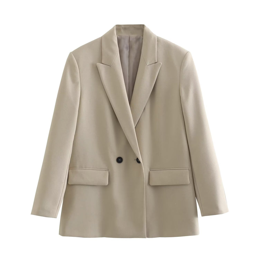 Ladies Double-Breasted Long Blazer with Wide Shawl Collar and Patch Pockets Fashion Glam