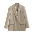 Ladies Double-Breasted Long Blazer with Wide Shawl Collar and Patch Pockets Fashion Glam