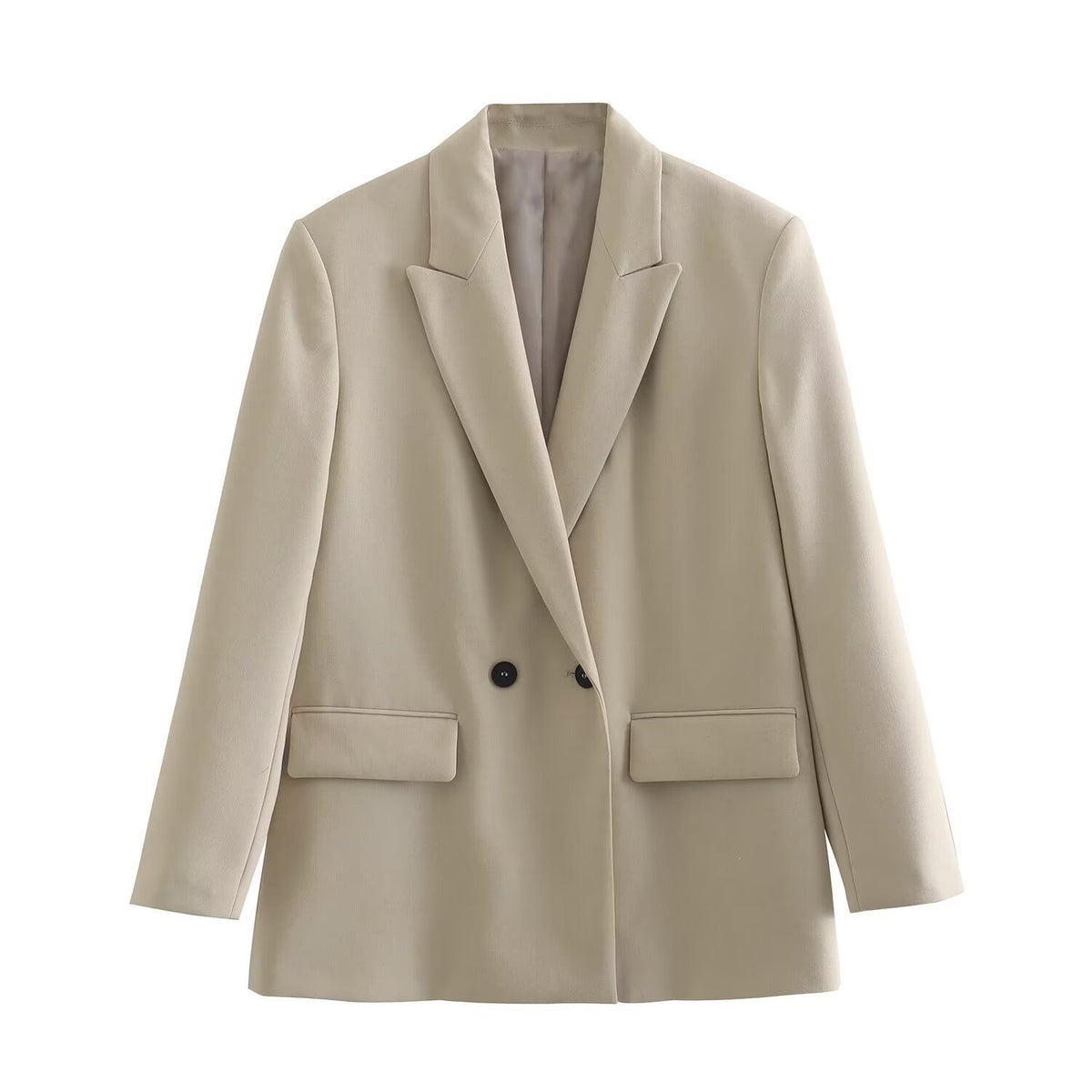 Ladies Double-Breasted Long Blazer with Wide Shawl Collar and Patch Pockets Fashion Glam