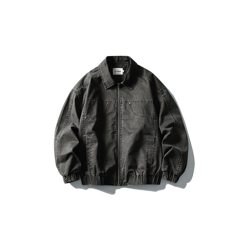 Unisex Short Boxy Denim Blouson Jacket with Zipper, Shirt Collar and Elastic Hem Fashion Glam