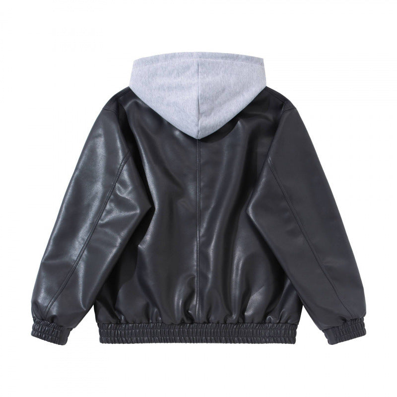Unisex Oversize Faux Leather Bomber Jacket with Contrasting Hood, Zipper and Elastic Hem Fashion Glam