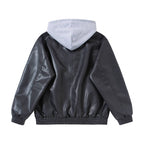 Unisex Oversize Faux Leather Bomber Jacket with Contrasting Hood, Zipper and Elastic Hem Fashion Glam