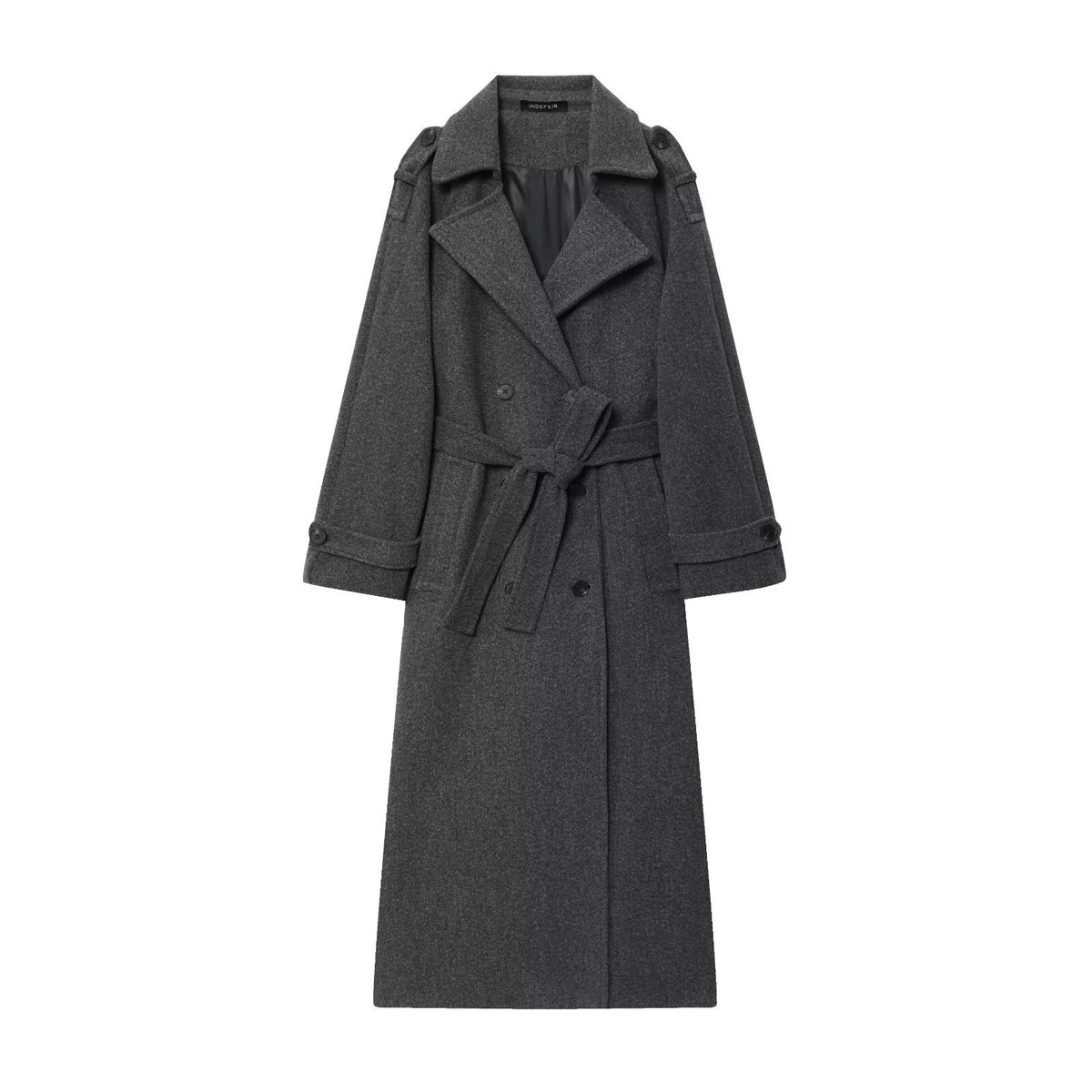 Women's Long Double-Breasted Wool Coat with Waist Belt and Epaulettes Fashion Glam
