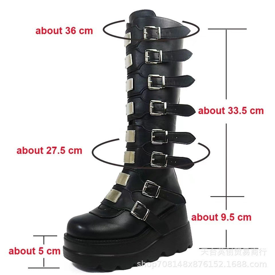 Women's platform knee-high gothic biker boots with multiple buckles and metal plates Fashion Glam