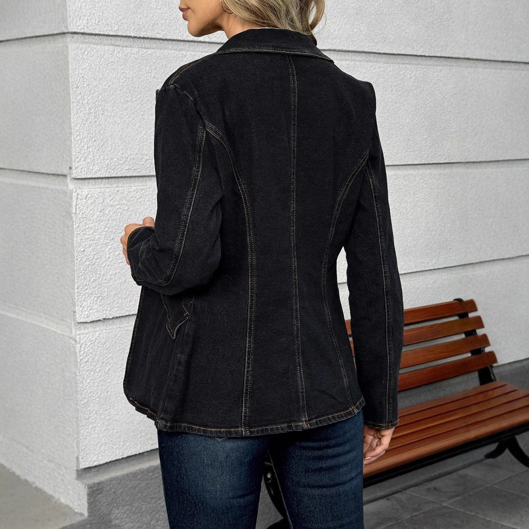 Women's tailored denim blazer with lapel collar and flap pockets Fashion Glam