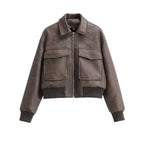 Women Short Cut Bomber Jacket made of Faux Leather with Large Flap Pockets Fashion Glam