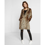 Women's Mid-length Faux-Fur Coat in Leopard Print with Notch Collar and Side Pockets Fashion Glam