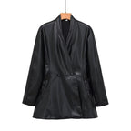Women's tailored double-breasted faux leather midi coat with shawl collar and patch pockets Fashion Glam