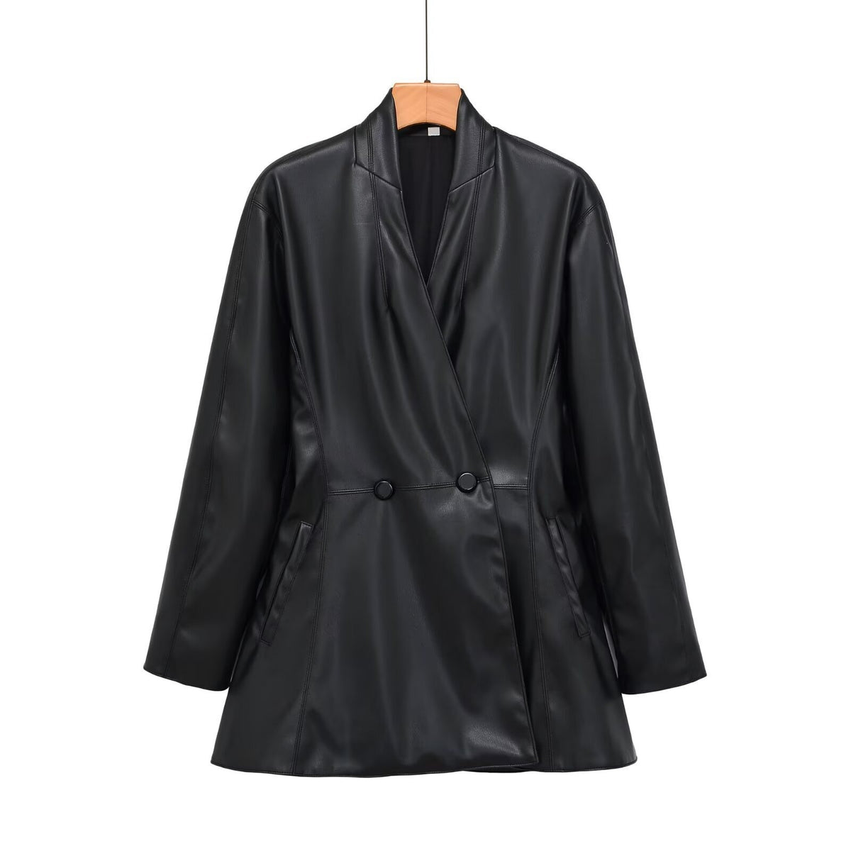 Women's tailored double-breasted faux leather midi coat with shawl collar and patch pockets Fashion Glam