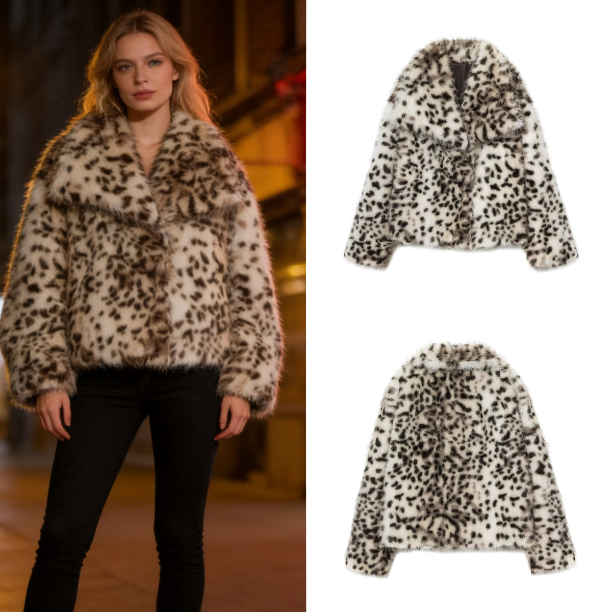 Ladies short jacket made of faux fur with leopard print and voluminous shawl collar Fashion Glam