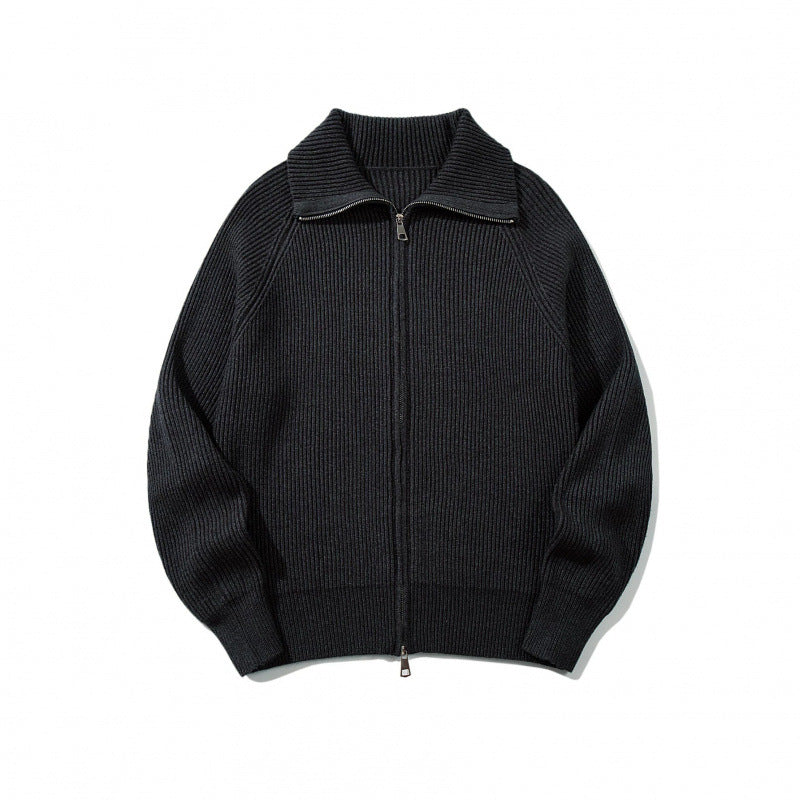Unisex Ribbed Zip Cardigan with Stand-Up Collar, Raglan Sleeves and Two-Way Zipper Fashion Glam