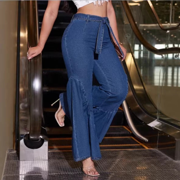 Women's High-Waisted Denim Palazzo Jeans with Overlapping V-Waist, Wide Flare, and Front Slit Fashion Glam