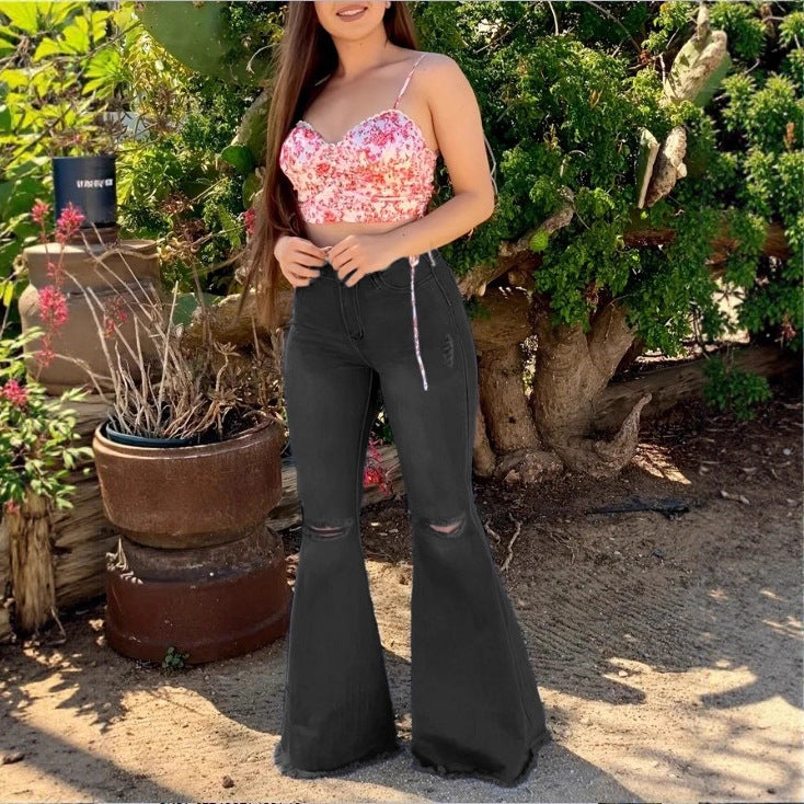 Women's High-Waisted Flared Jeans with Flared Leg, Knee Rips, and Figure-Enhancing Stretch Waistband Fashion Glam