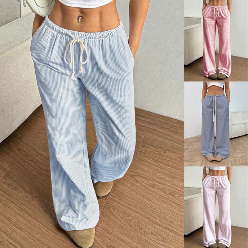 Ladies Wide Leisure Pants with Drawstring, Elastic Waistband and Fine Stripe Texture Fashion Glam