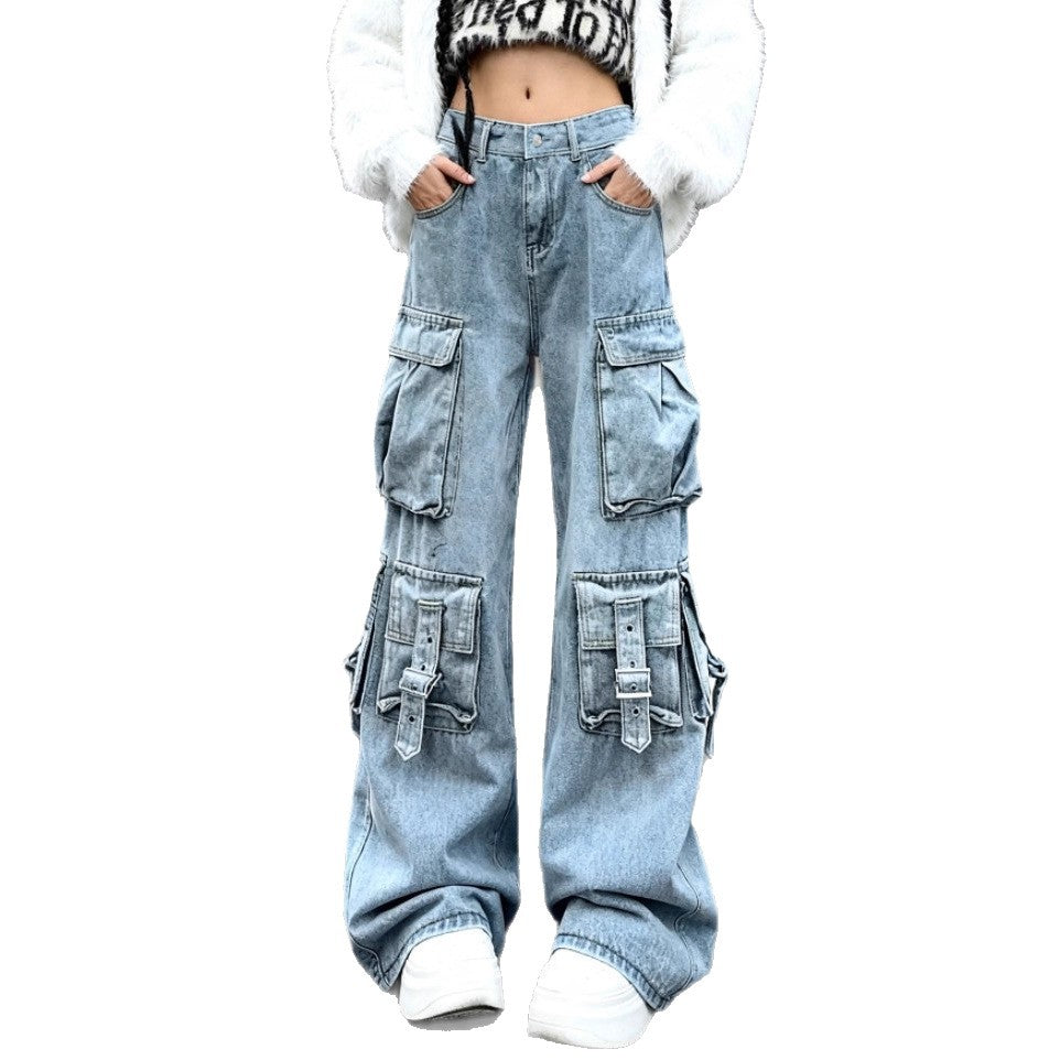 Women's Wide Cargo Jeans with Multiple Patch Pockets and Utility Details Fashion Glam