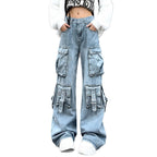 Women's Wide Cargo Jeans with Multiple Patch Pockets and Utility Details Fashion Glam
