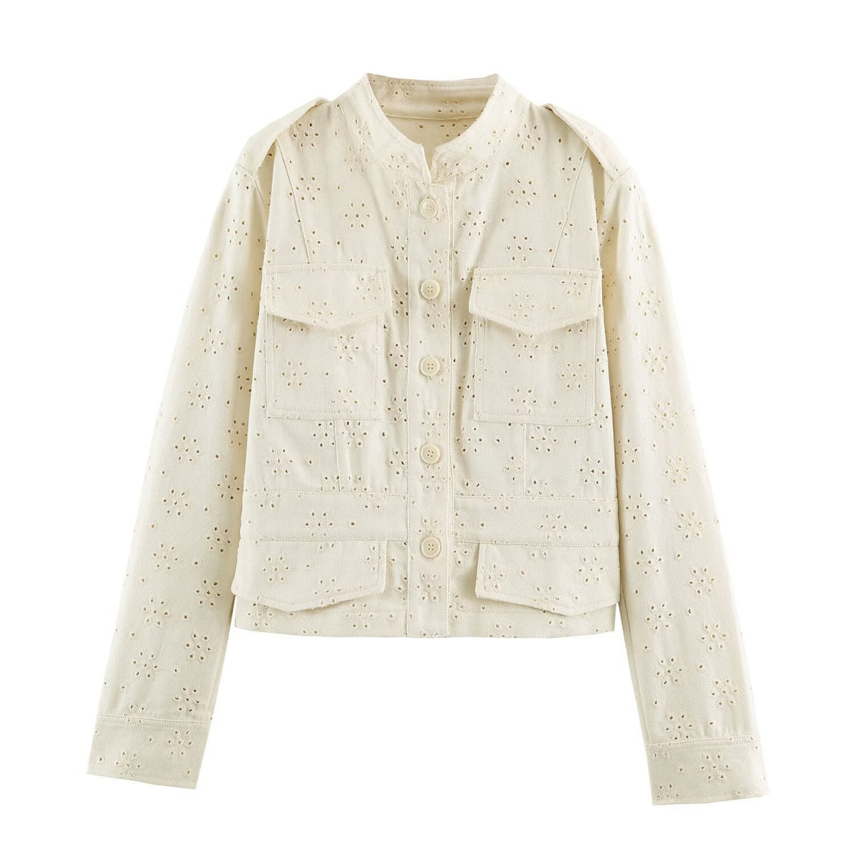 Women's short jacket made of lace embroidery with stand-up collar, utility pockets, and boxy cropped silhouette Fashion Glam