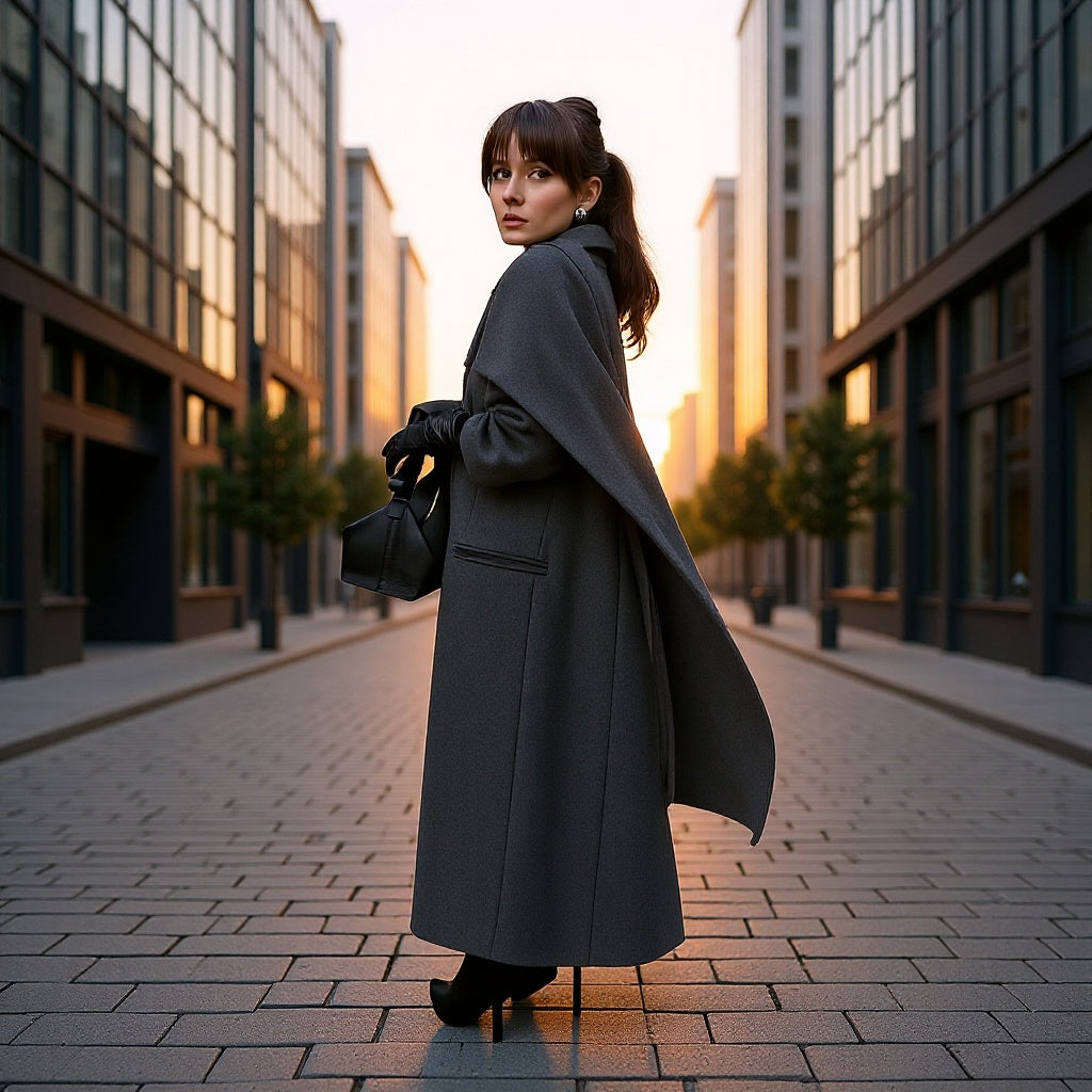 Ladies Longline Wool Cape Coat with Shawl Collar and Boxy Silhouette Fashion Glam