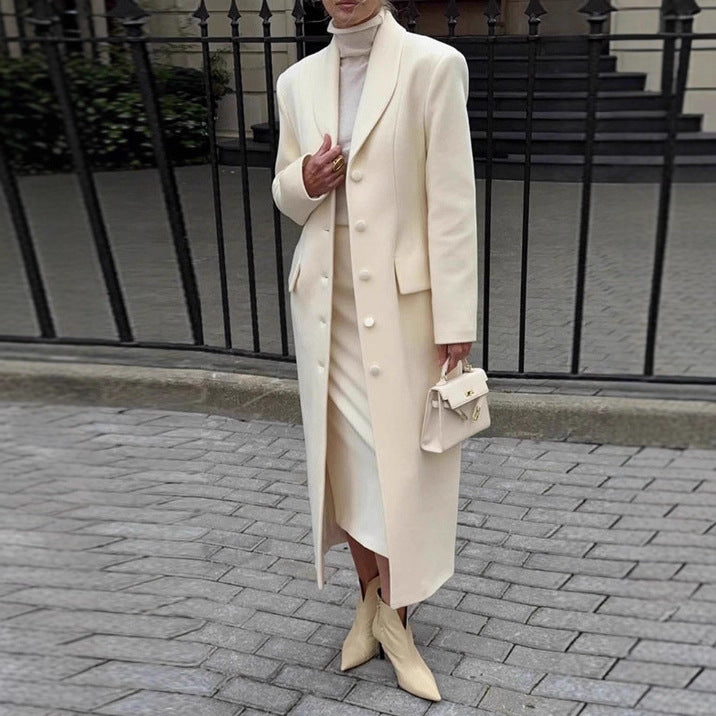 Women's tailored long coat with shawl collar and peplum waist Fashion Glam