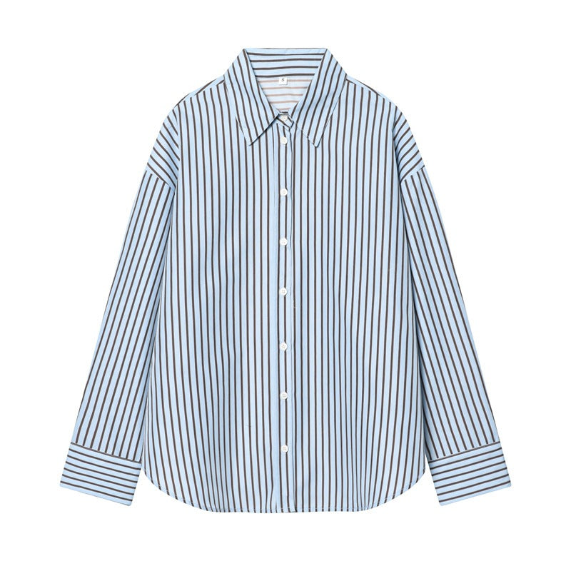 Women Oversized Shirt with Vertical Striped Pattern and Kent Collar Fashion Glam