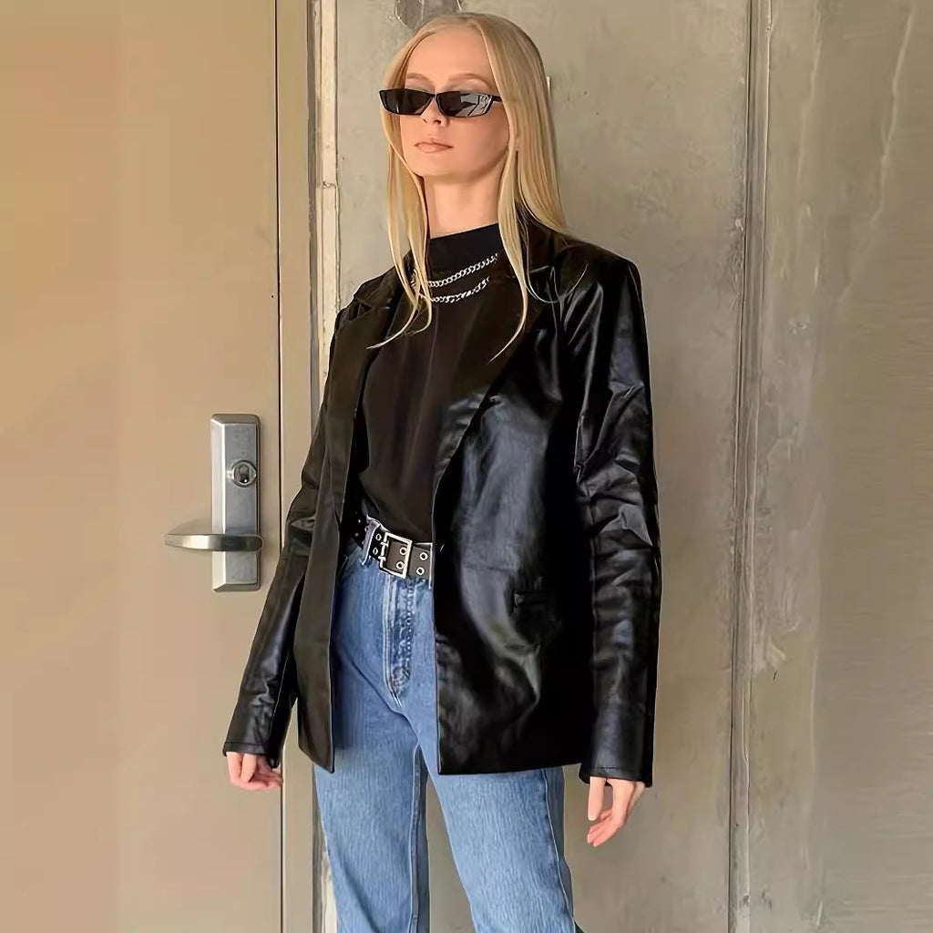 Women Oversized Blazer in Leather Look with Structured Shoulders Fashion Glam