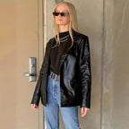 Women Oversized Blazer in Leather Look with Structured Shoulders Fashion Glam