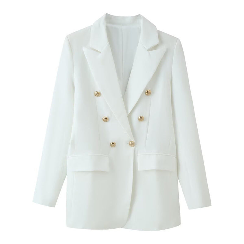 Women double-breasted longline blazer with lapel collar and decorative buttons Fashion Glam