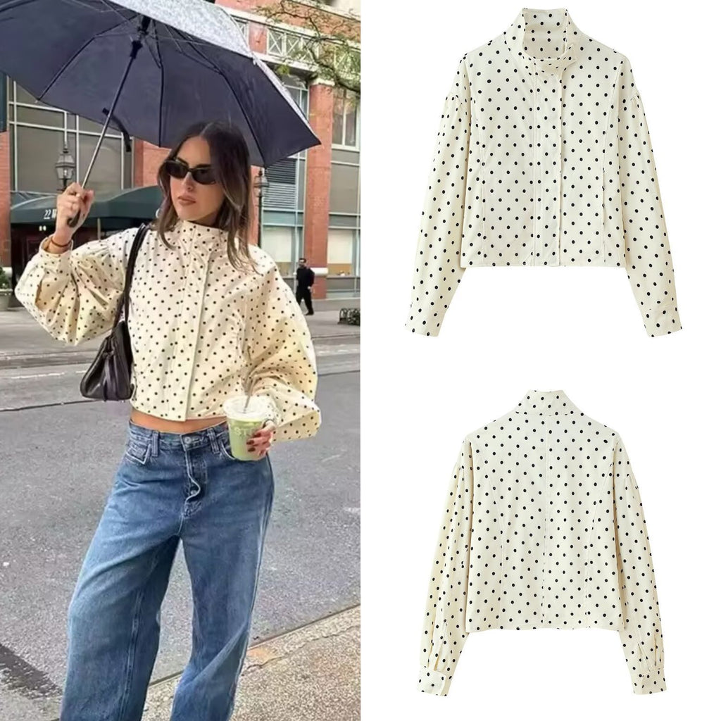 Women's short jacket with stand-up collar, boxy cropped cut and polka dot print Fashion Glam