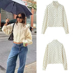 Women's short jacket with stand-up collar, boxy cropped cut and polka dot print Fashion Glam