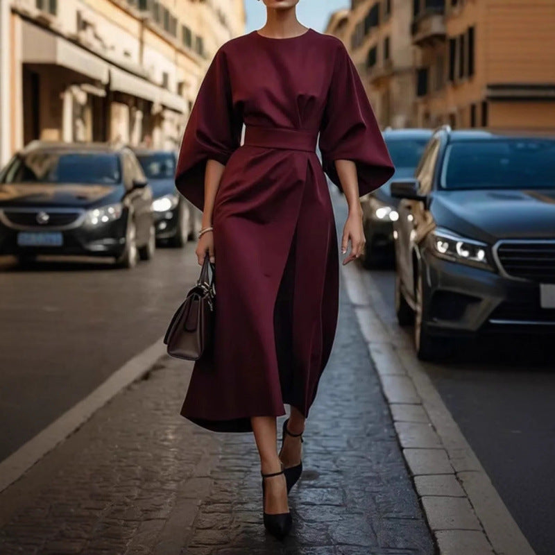 Ladies Elegant Midi Dress with Wide Kimono Sleeves and Fitted Wrap Waist Fashion Glam