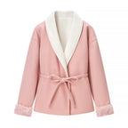 Women's short coat with shawl collar, tie belt and striking faux fur cuffs Fashion Glam