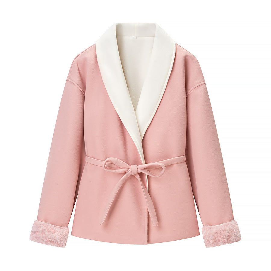 Women's short coat with shawl collar, tie belt and striking faux fur cuffs Fashion Glam