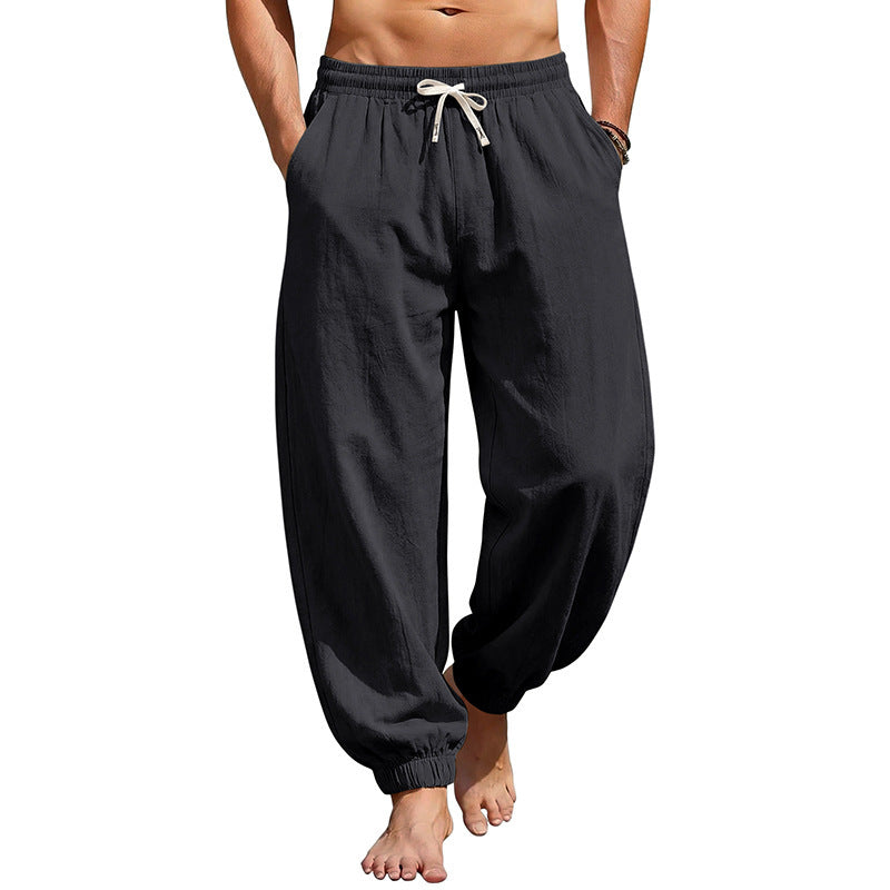 Men's relaxed harem pants made of linen blend with elastic tunnel drawstring waistband and gathered ankle cuffs Fashion Glam