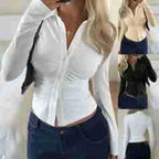 Women Tailored Buttonable Ruffle Top with V-Neck and Figure-Shaping Gather Fashion Glam