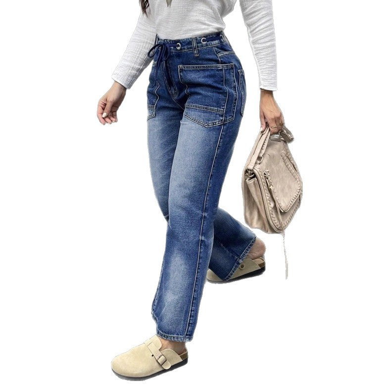 Women's high-waisted jeans with straight leg, drawstring waistband, and patch pockets Fashion Glam