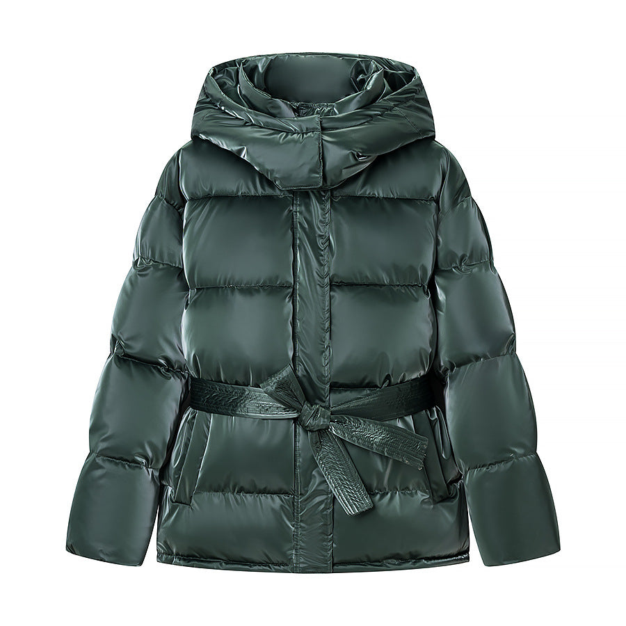 Women's Padded Down Jacket with Hood and Waist Belt Fashion Glam
