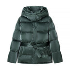 Women's Padded Down Jacket with Hood and Waist Belt Fashion Glam