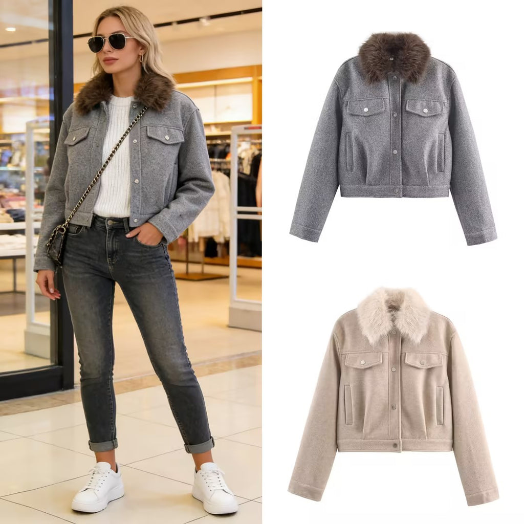 Ladies short wool jacket with voluminous fur collar, snap-button front and patch chest pockets Fashion Glam