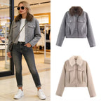 Ladies short wool jacket with voluminous fur collar, snap-button front and patch chest pockets Fashion Glam